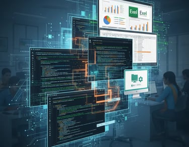 Coding screens and computer interface visuals representing programming and basic computer courses
