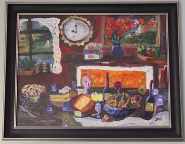 a still life painting of a table with food on it, a window, a clock and a fireplace