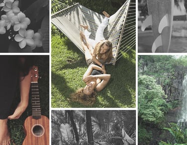 Tropical vacation collage featuring a waterfall, surfing, ukulele, and a couple relaxing in a hammock.