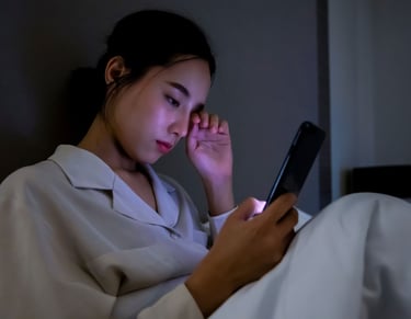 A young woman in bed rubbing her tired eyes while looking at a smartphone screen in a dark room.