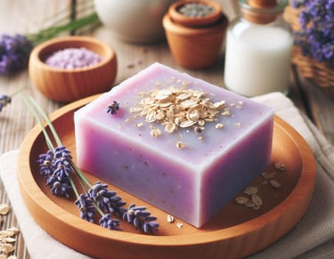 lavender and oatmeal soap on a plate with lavender flowers and oats on top