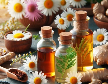 various liquids in glass bottles, with flowers around