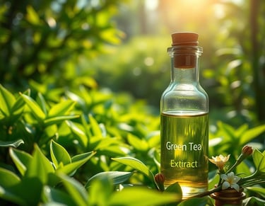 a bottle of green tea tree extract with green leaves surrounding it
