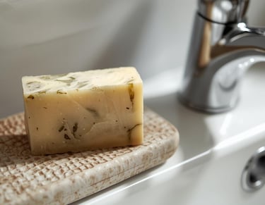 a herbal homemade soap by a bathroom sink