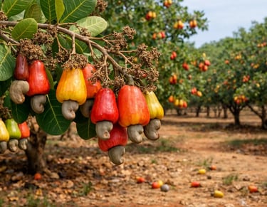 Maçãs de caju maduras e castanhas pendendo de um galho em um pomar ensolarado de cajueiros.
