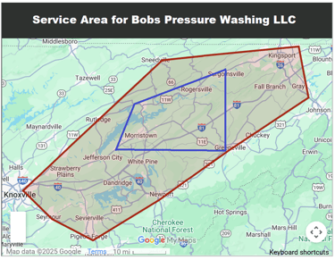 Google Map of Regular and extended works areas for Bobs Pressure Wasing LLC