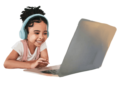 A young girl working on her laptop wearing blue headphones
