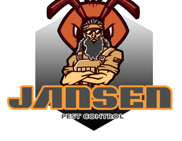 Jansen Pest Control logo featuring a bearded exterminator mascot in front of a large ant icon.