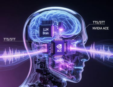 Schéma technique de l'architecture d'une Mascotte IA : Intégration des technologies NVIDIA ACE, LLM 