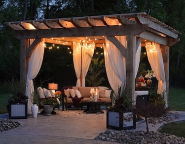 elegant outside patio with stamped concrete flooring, and pretty lighting
