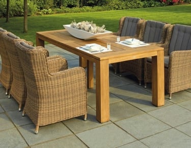 Stamped concrete patio withStamped concrete patio with wooden and outside patio furniture