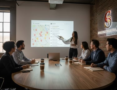 team discusses the local seo service with a woman standing and presenting a report