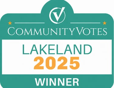 CommunityVotes Lakeland 2025 Winner badge featuring a teal and orange award design for local excellence.