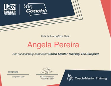 Certificate awarded to Angela Pereira for successfully completing the Coach-Mentor Training: The Blu