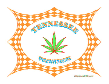 Tennessee Volunteers graphic featuring a green cannabis leaf on an orange and white checkerboard background.