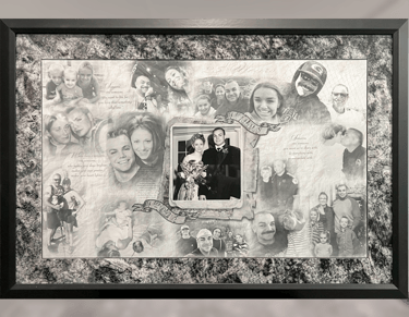 Personalized collage of black and white family photos in a frame with marble borders and sentimental quotes.
