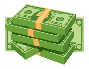 A stack of green cash dollar bills bundled with orange bands, flat vector illustration of money.