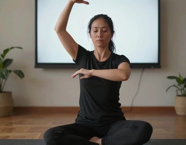 A woman practices mindful Qi Gong or Tai Chi movements on a yoga mat in a home studio.