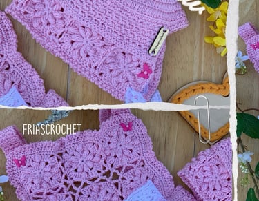 Handmade pink crochet baby outfit featuring a floral pattern dress with lace bow and matching beanie hat.