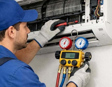.Técnico profesional de HVAC realizando reparación de aire acondicionado utilizando un manómetro 