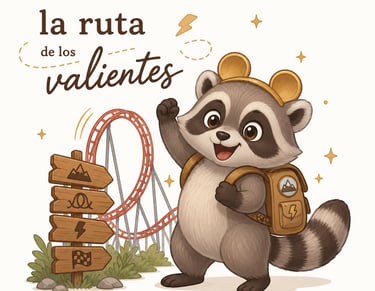 Cute raccoon illustration with a backpack standing by a roller coaster and wooden park signs.