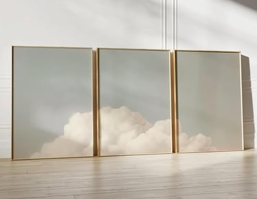 Wall Art: Set of three minimalist wall art canvases with calm, neutral designs.
