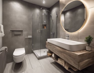 create an image of a bathroom, shower, basen, mirror in a single image so I can show as catalouge  