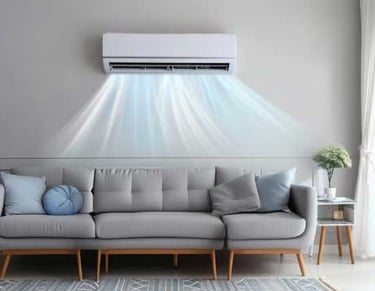 Air Conditioner blowing fresh blue air inside a well designed house