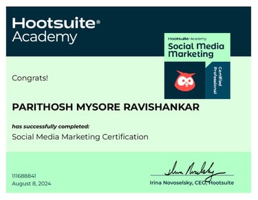Parithosh Mysore Ravishankar's hootsuite social media marketing certificate