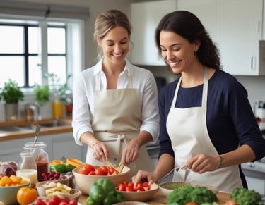 An assortment of colorful and healthy meals is arranged on a table. There are bowls containing salads with fresh vegetables like broccoli, peas, greens, and other garnishes. A glass of chia pudding with berries is placed alongside a refreshing beverage garnished with citrus fruits and mint leaves.