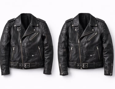 Black leather biker jacket with zipper details and classic motorcycle style