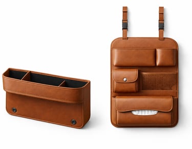 Leather car storage organizers designed to keep vehicle interiors neat and organized.