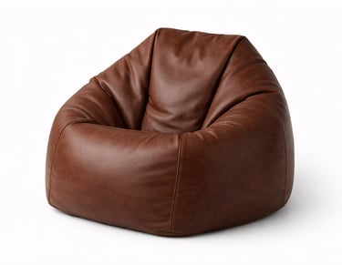 Brown leather beanbag chair with smooth finish designed for casual seating and home decor use.