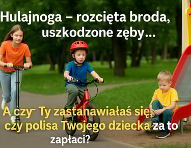 3 dzieci na podwórku, dzieczynka na hulajnodze , chlopczyk jeden na rowerze drugi na zjezdzalni , napis hulajnoga-rozcięta b,