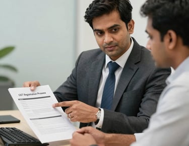 A consultant explaining the GST registration process and form to a client in a professional office setting.