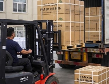 Forklift loading bulk paper ribbon orders into a shipping  container at Hanxia Factory