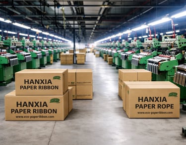 Shuttleless loom workshop for bulk woven paper ribbon production by Hanxia Factory.
