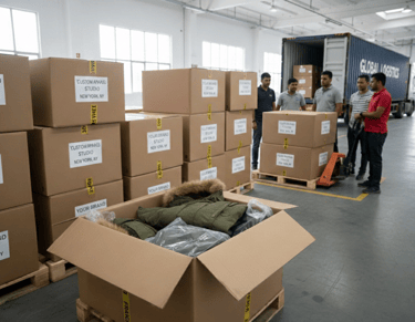 Shipping warehouse with stacked boxes labeled "Custom Apparel Studio" and a global logistics truck.
