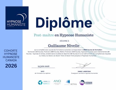Diplôme de post-maître en hypnose Humaniste décerné à Guillaume Nivelle 