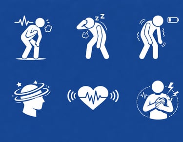 Infografía que muestra los síntomas físicos de fatiga, mareos y palpitaciones cardíacas