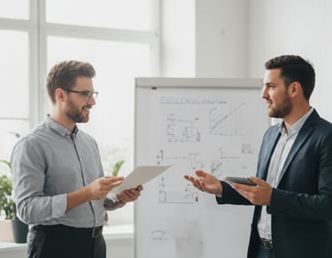 Two businessmen discussing a project near a whiteboard in a bright office.