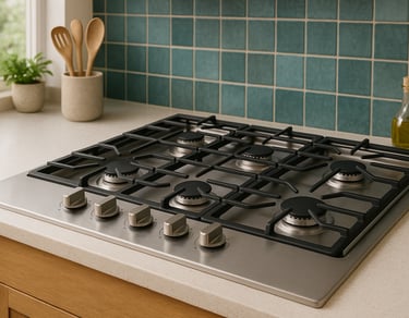 Six-burner gas cooktop in a modern kitchen with teal tile backsplash and wood cabinets.