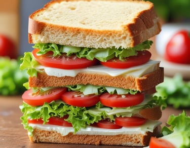 um lanche de pão de forma recheado de alface, tomate e queijo