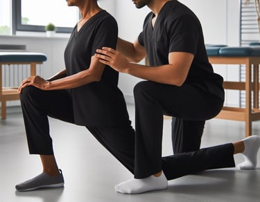 elderly woman doing exercises with Physiotherapist wearing black