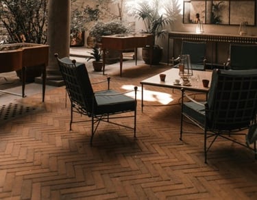 Decorative concrete floor restaurant with brick pattern patio