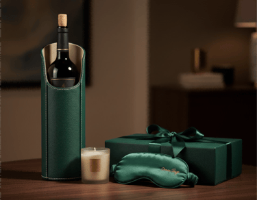 King Fly VIP Executive Gift Set: Green Leather Wine Carrier, Silk Mask & Candle.