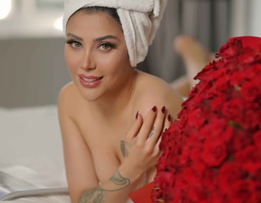 Luxury birthday photoshoot, woman with towel and roses, shot by Fred Art Studio