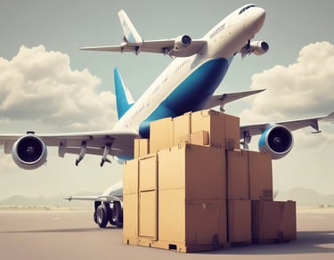 A sleek cargo airplane landing at an airport runway during sunset.