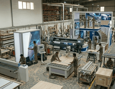 Custom exhibition stand builders constructing trade show booths in a large manufacturing workshop.