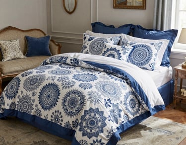 Blue and white floral mandala pattern bedding set on a bed overlooking a sunset river valley.